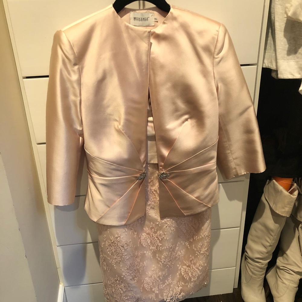 2 piece light pink satin & lace dress suit